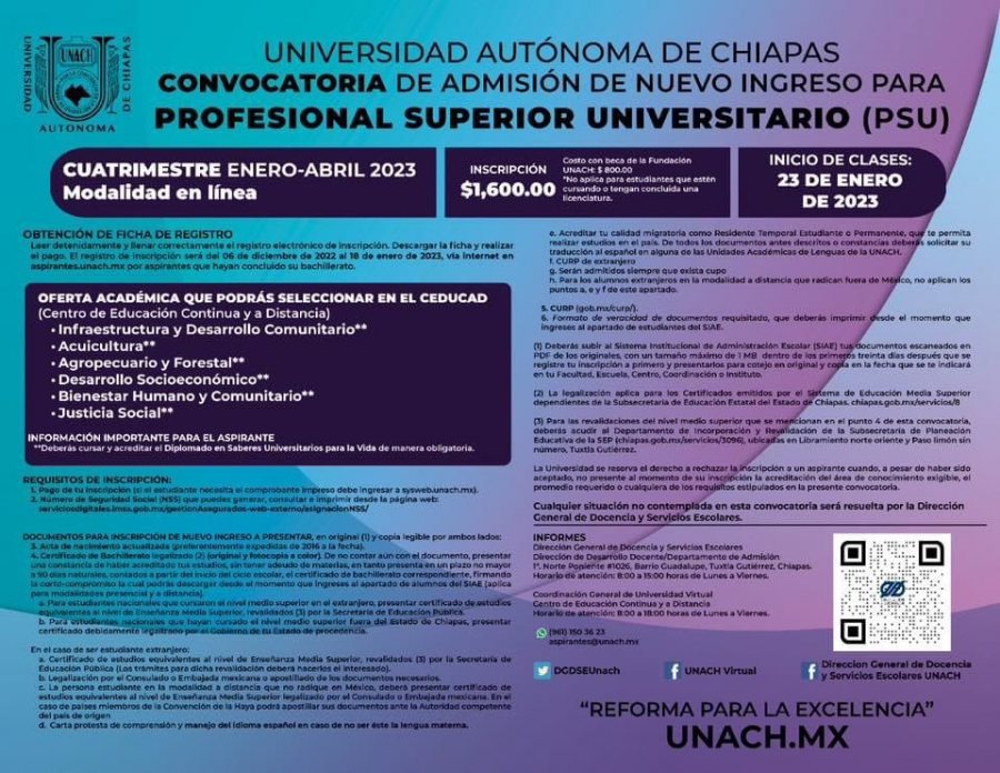 Continúa abierta convocatoria para Profesional Superior Universitario de la UNACH