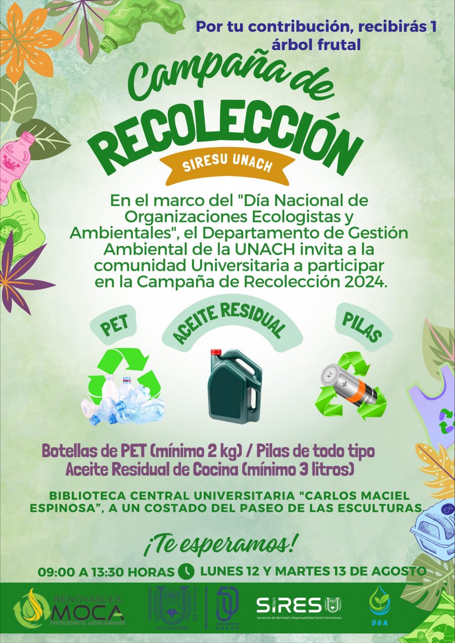 Realizara UNACH  Campaña de Recolección de PET, aceite residual y pilas