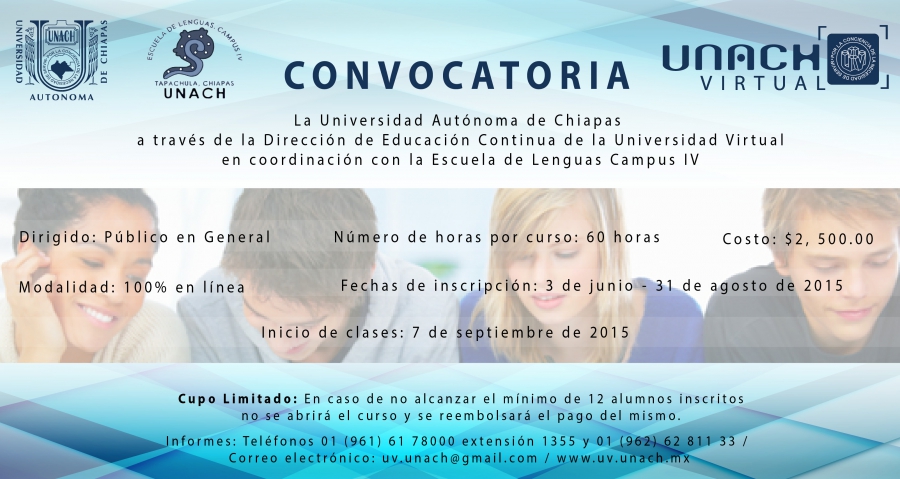Convocan Universidad Virtual y la Escuela de Lenguas en Tapachula de la UNACH a participar en los Cursos de Inglés