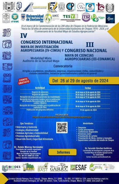 Invita UNACH a participar en el IV Congreso Internacional Maya de Investigación Agropecuaria