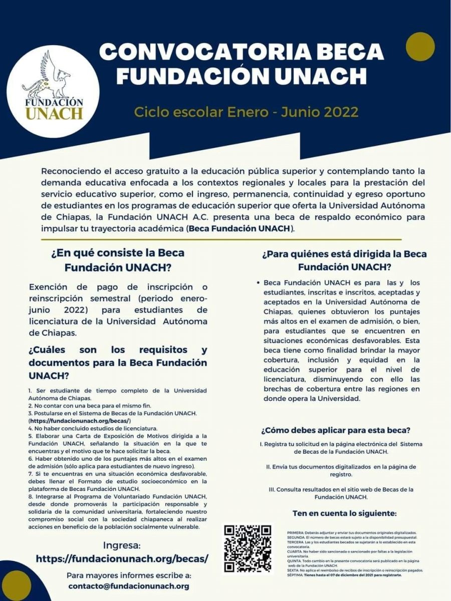 Lanzan convocatoria para acceder a la Beca Fundación UNACH