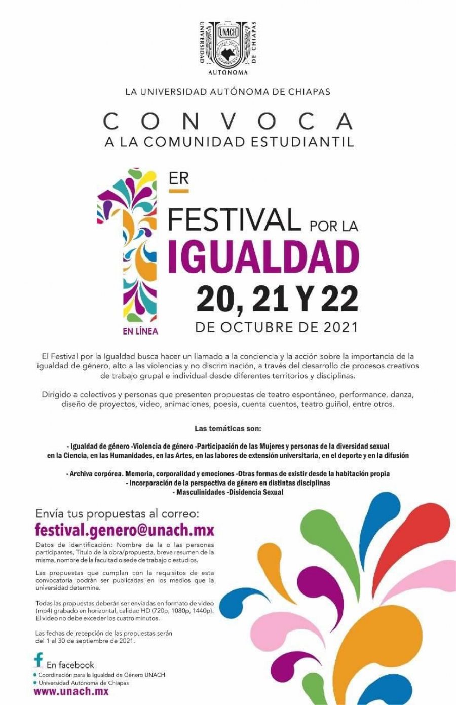 Invita UNACH a participar del  Festival por la Igualdad