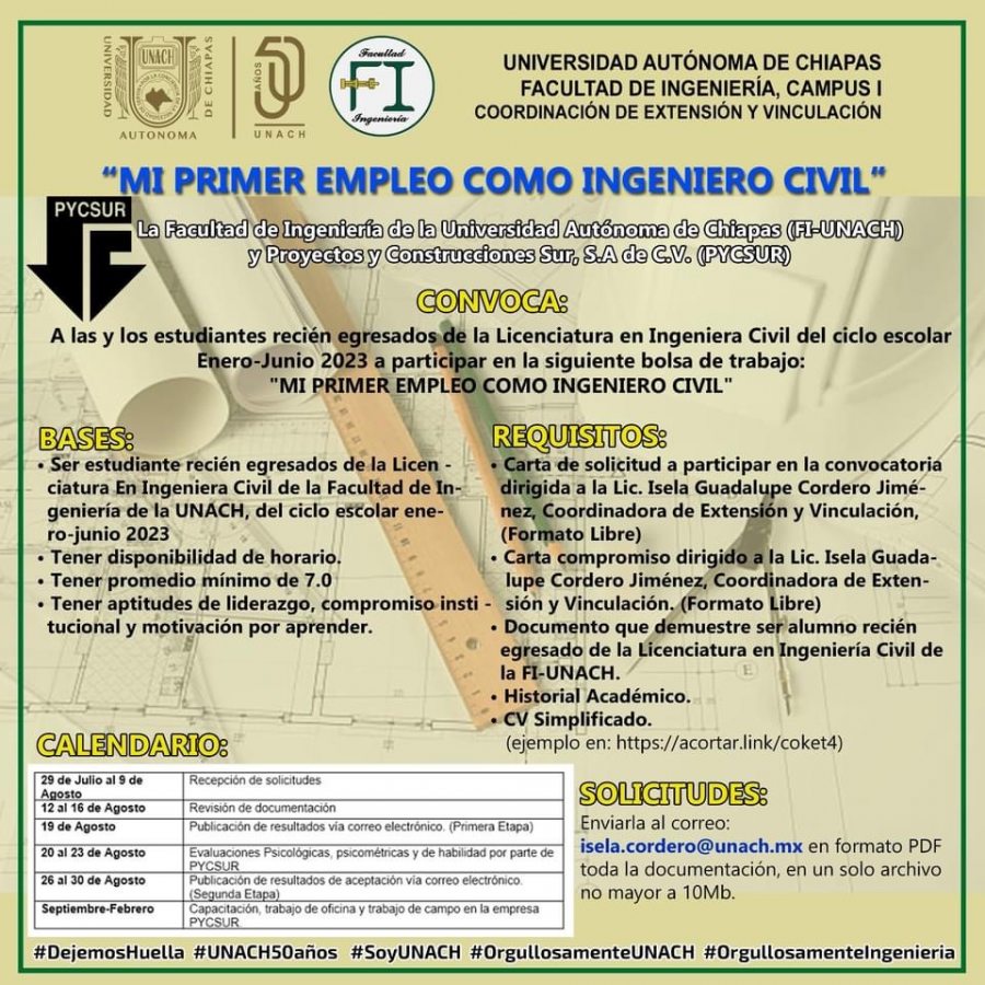 Invita UNACH a participar en la bolsa de trabajo “Mi primer empleo como ingeniero civil”