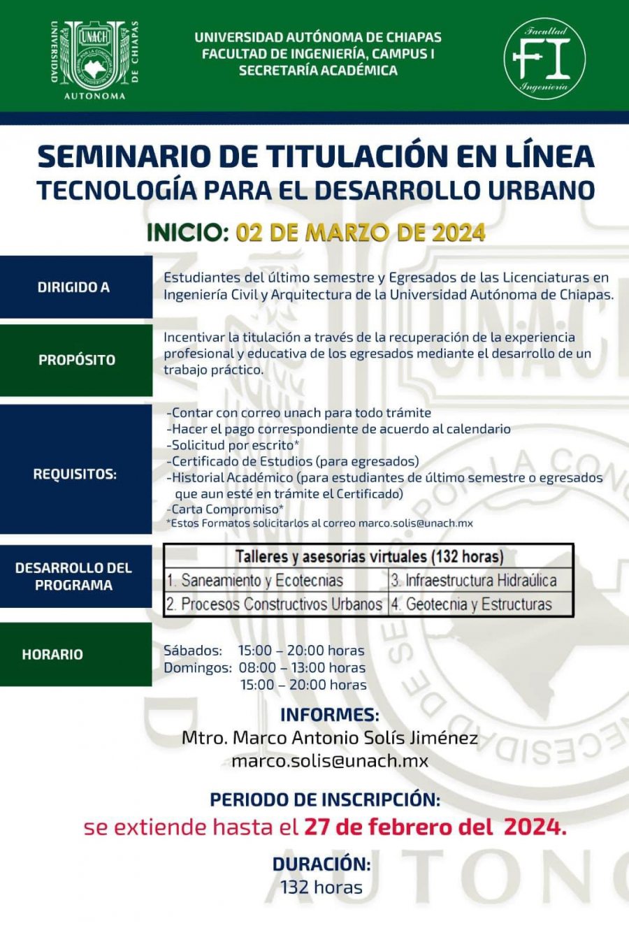 Extiende UNACH inscripción para el Seminario  de Titulación en Línea Tecnología para el Desarrollo Urbano